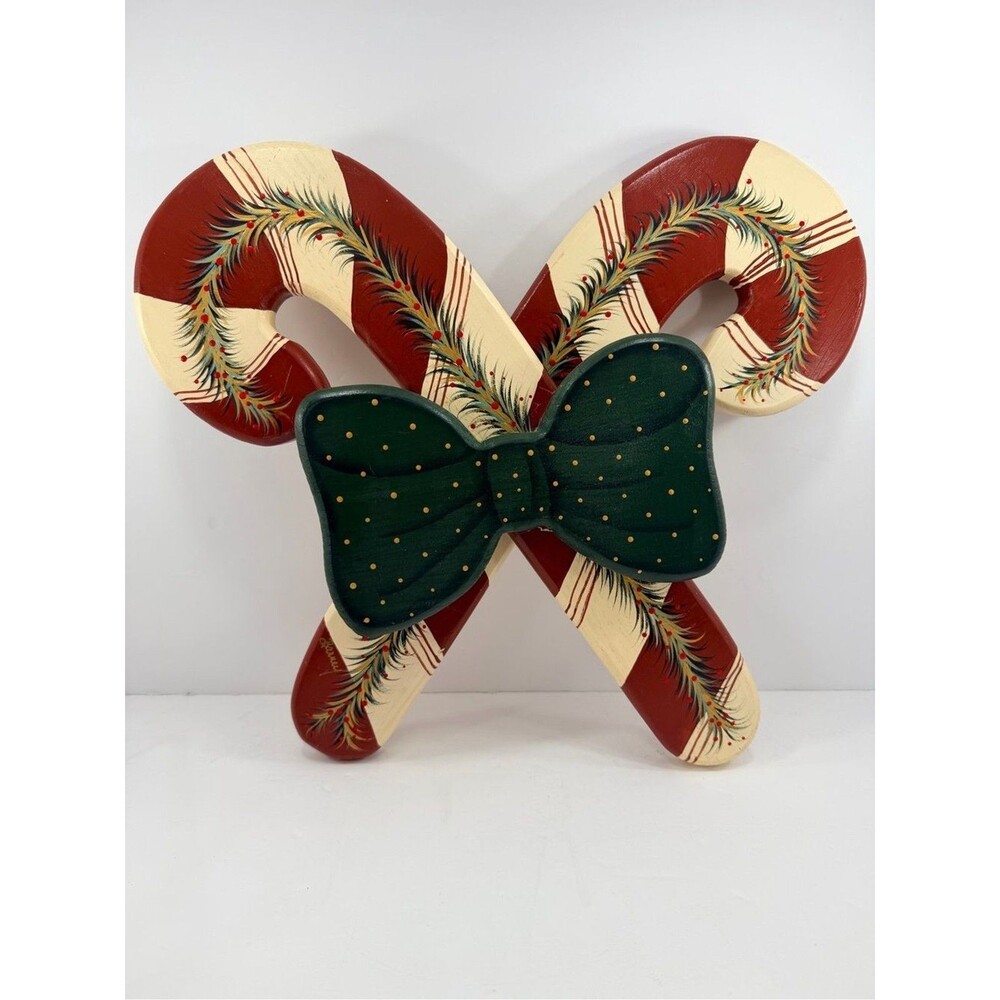VTG 90s Country Christmas Folk Art Candy Cane Wood Wall Hanging Signed Barney